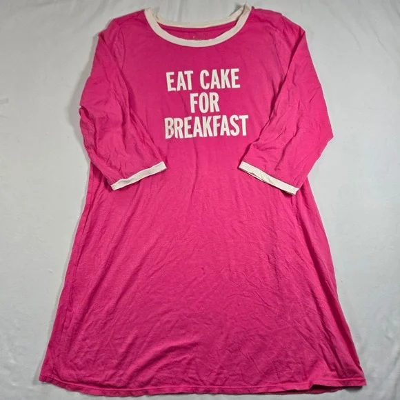 Kate Spade Sleep Shirt Nightgown Eat Cake For Breakfast Pink White Trim XL - Picture 1 of 10